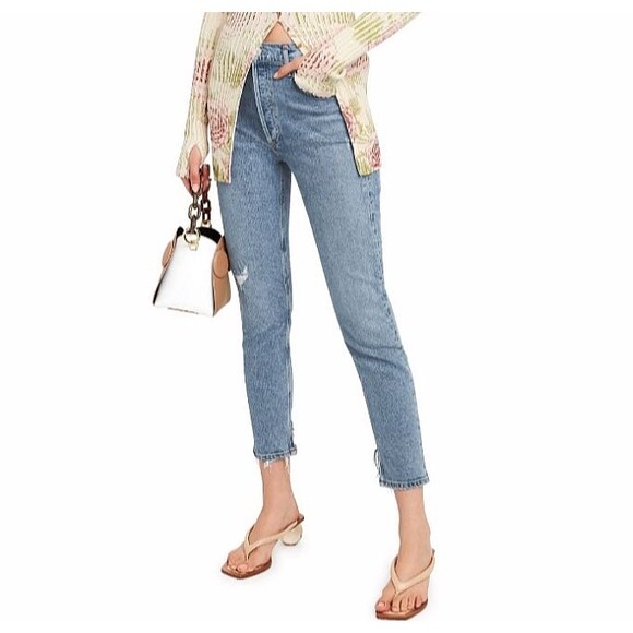 Agolde Nico Slim High Rise Jeans Womens Size 25 Blue Distressed Slits Button Fly - Picture 2 of 16